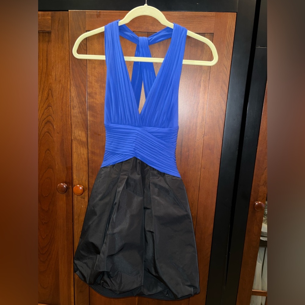 BCBGMaxAzria special occasion blue dress with black skirt & pockets!